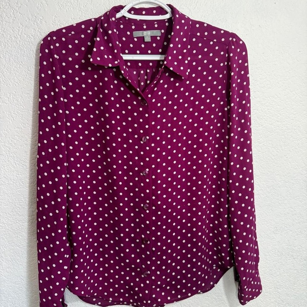 Uniqlo Polka Dot Button Up Blouse Magenta White Long Sleeve XS Berry magenta